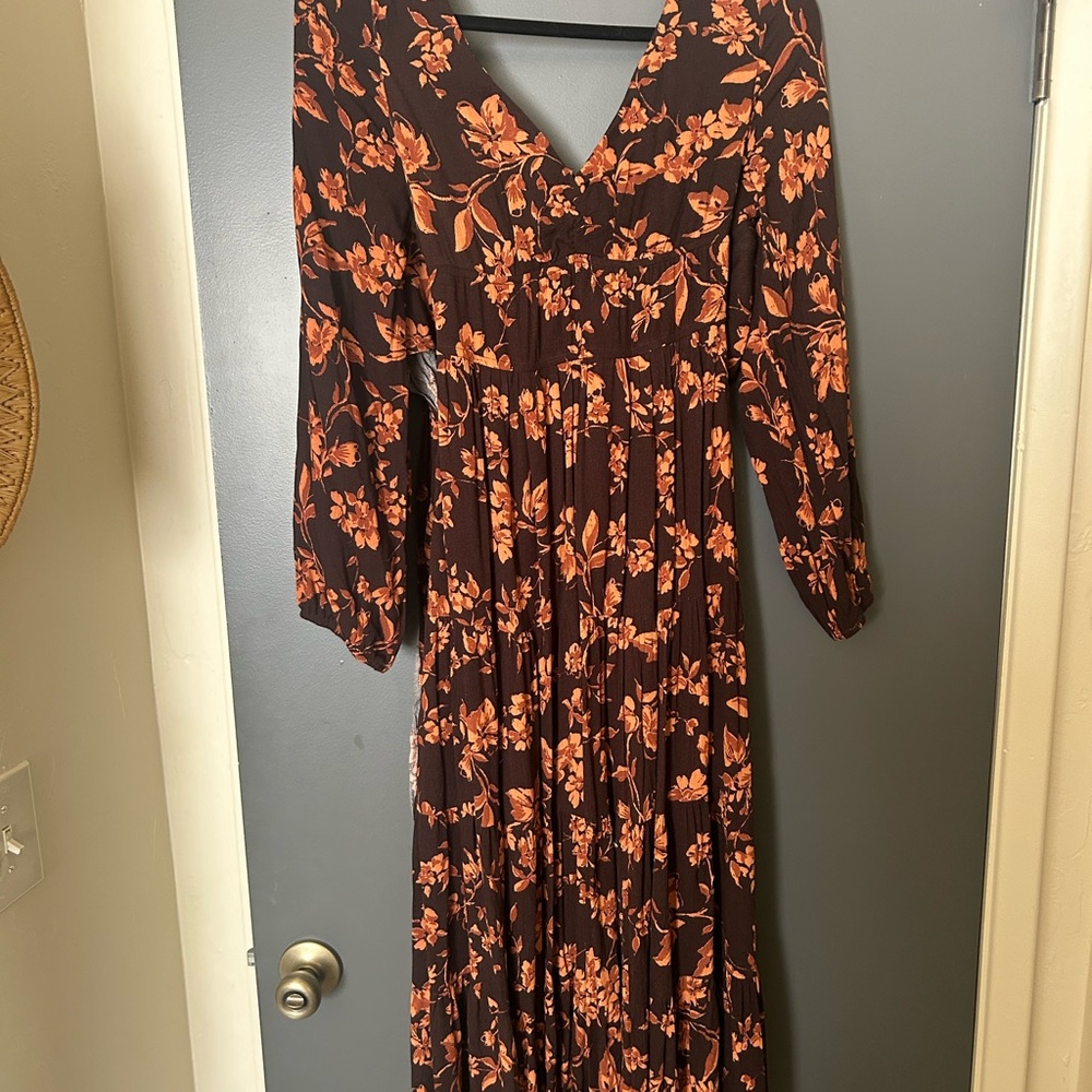 Floral V-Neck Dress in Brown and Orange